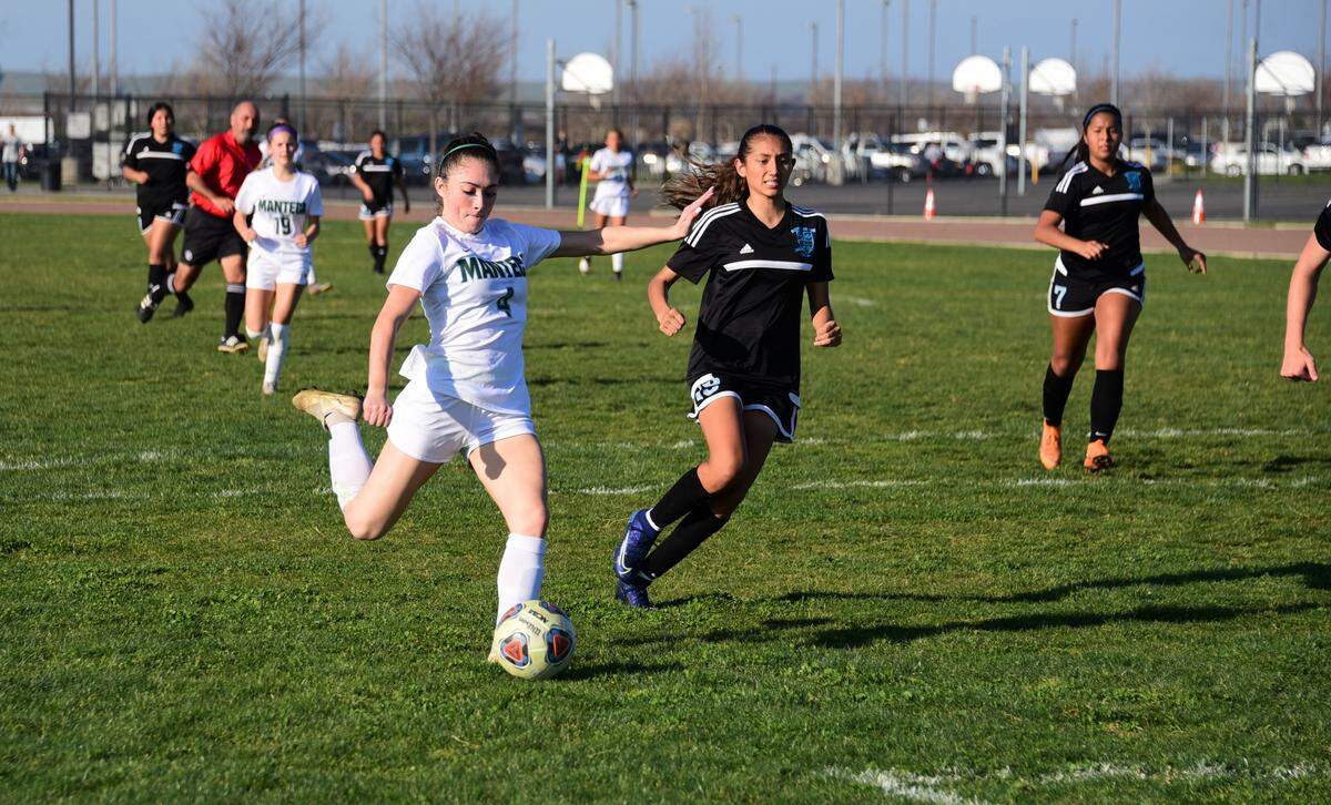 Manteca High senior Kaley Miller ties the game in the second half with her first goal of the game agianst El Capitan on Thursday during the Sac-Joaquin Section Division III semifinal match on Tuesday, Feb., 25, 2020 at El Capitan HIgh School.