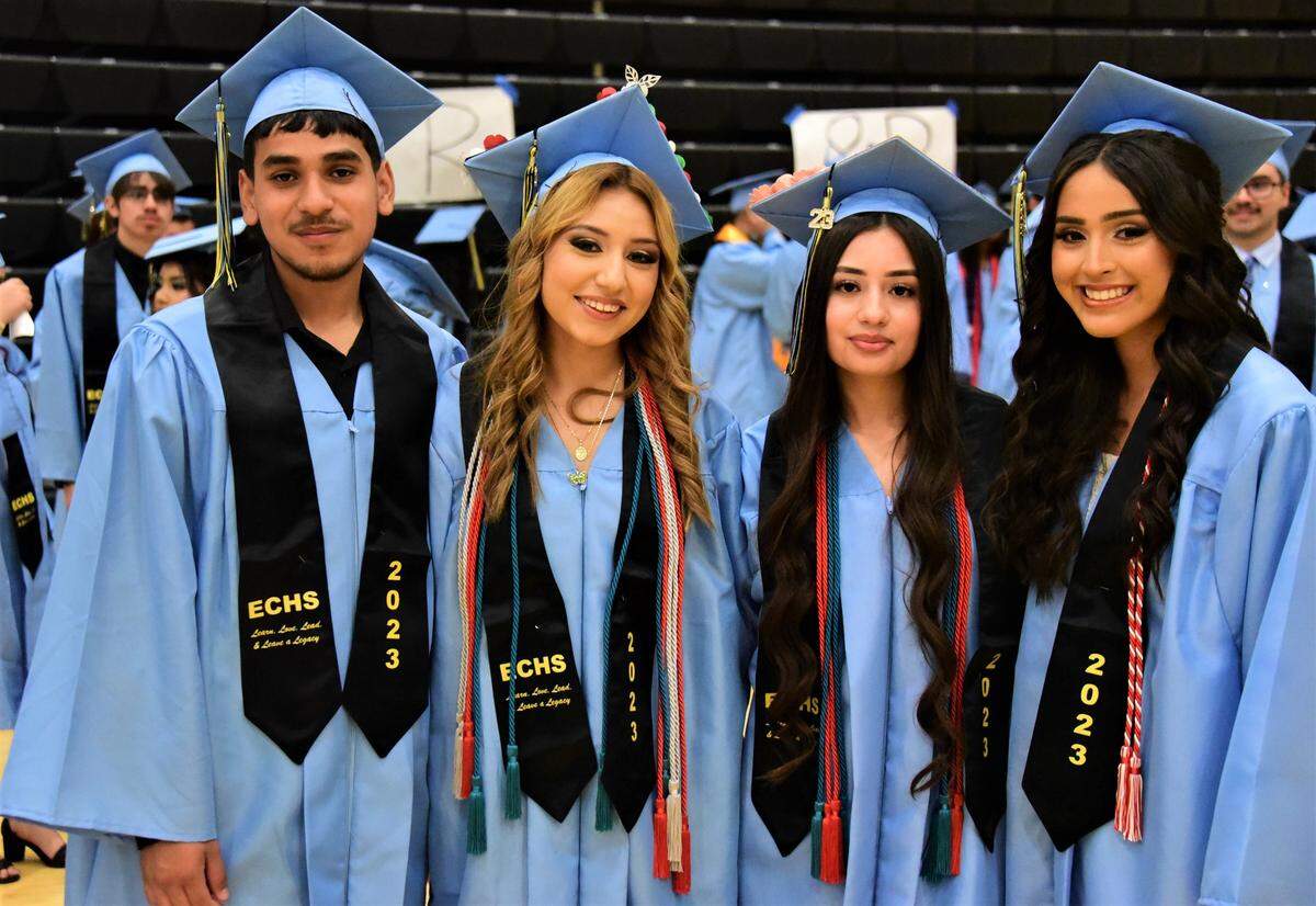 El Capitan High School seniors (from left to right) Aldo Alejo, Leslie Ramirez, Brenda Rojas and Jadelyn Sanchez pose for photos before the start of the El Capitan High School graduation ceremony on Thursday, June 1, 2023.