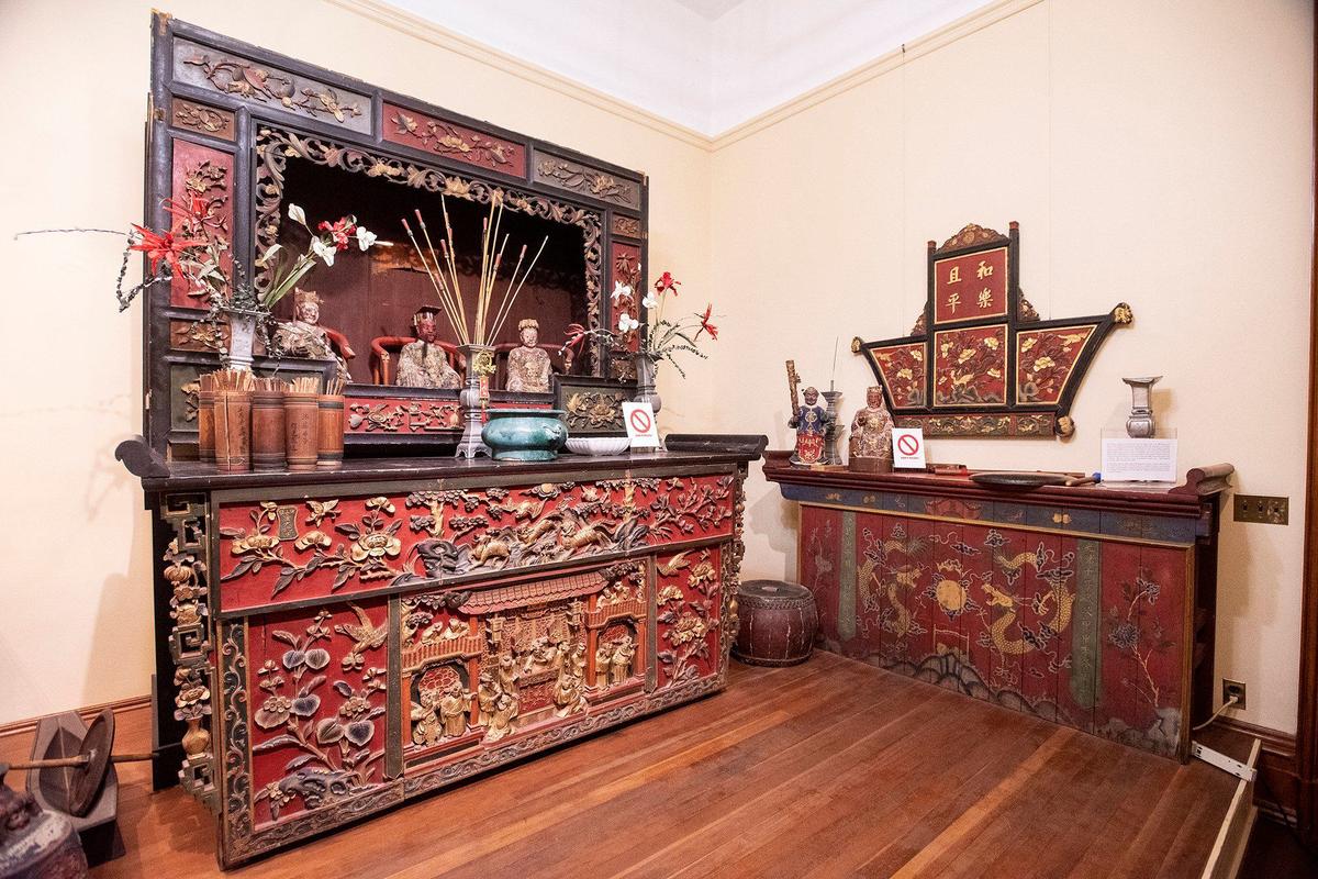 Altars from a Chinese temple that was located in the 400 block of 14th Street in Merced’s Chinatown in the 1930s on display in the Chinese Temple Room at the Merced County Courthouse Museum in Merced, Calif., on Thursday, Aug. 22, 2024. Built in 1875, the building served as a courthouse until 1950 and as a county administration building until 1970. The building opened as a history museum in 1983.