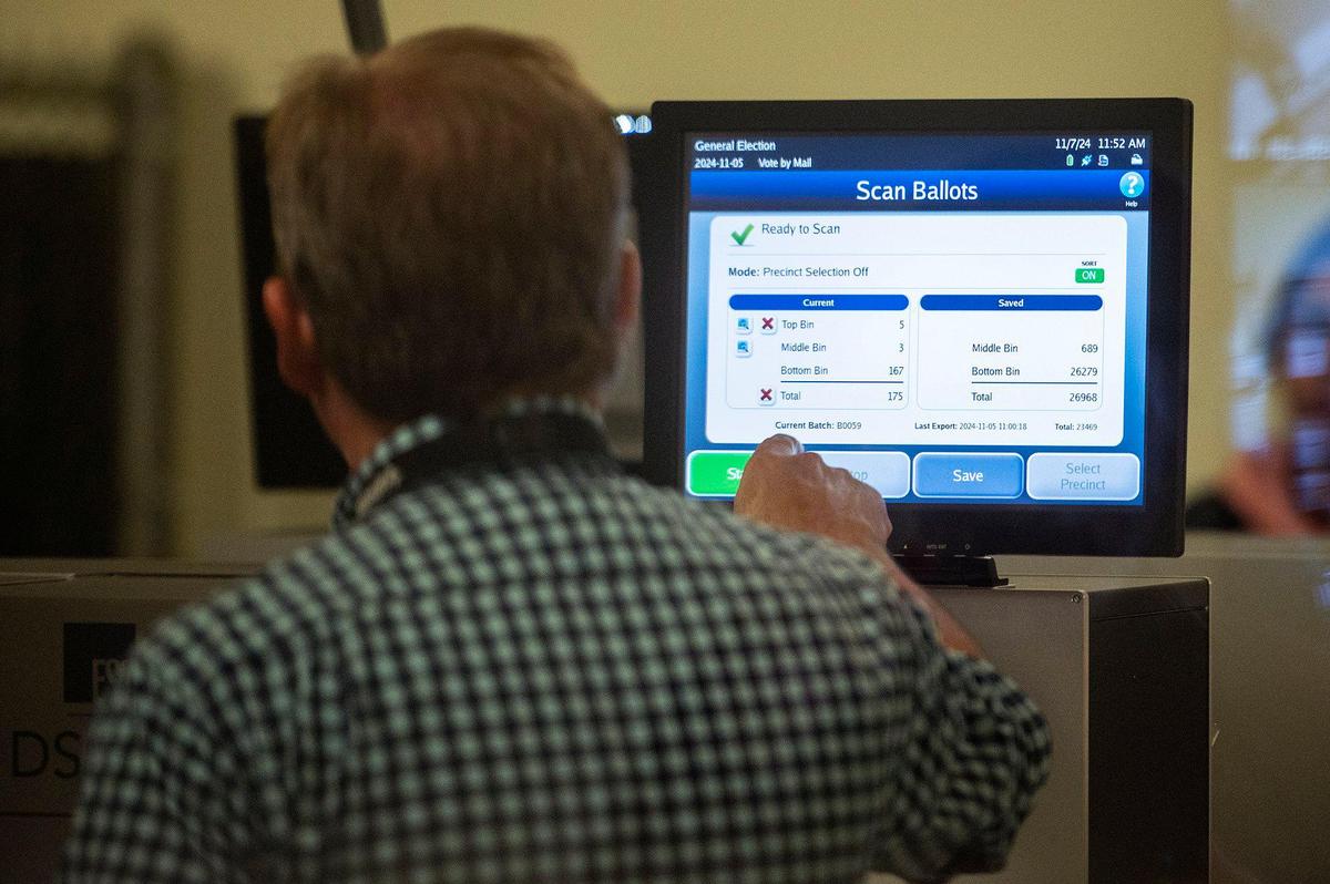 Election specialist Jason Fragulia, 54, of Merced, interacts with the touch screen on a tabulator machine while scanning ballots at the Merced County Election Warehouse in Merced, Calif., on Thursday, Nov. 7, 2024. Election officials and workers continue to count tens of thousands of ballots following the Nov. 5, General Election.