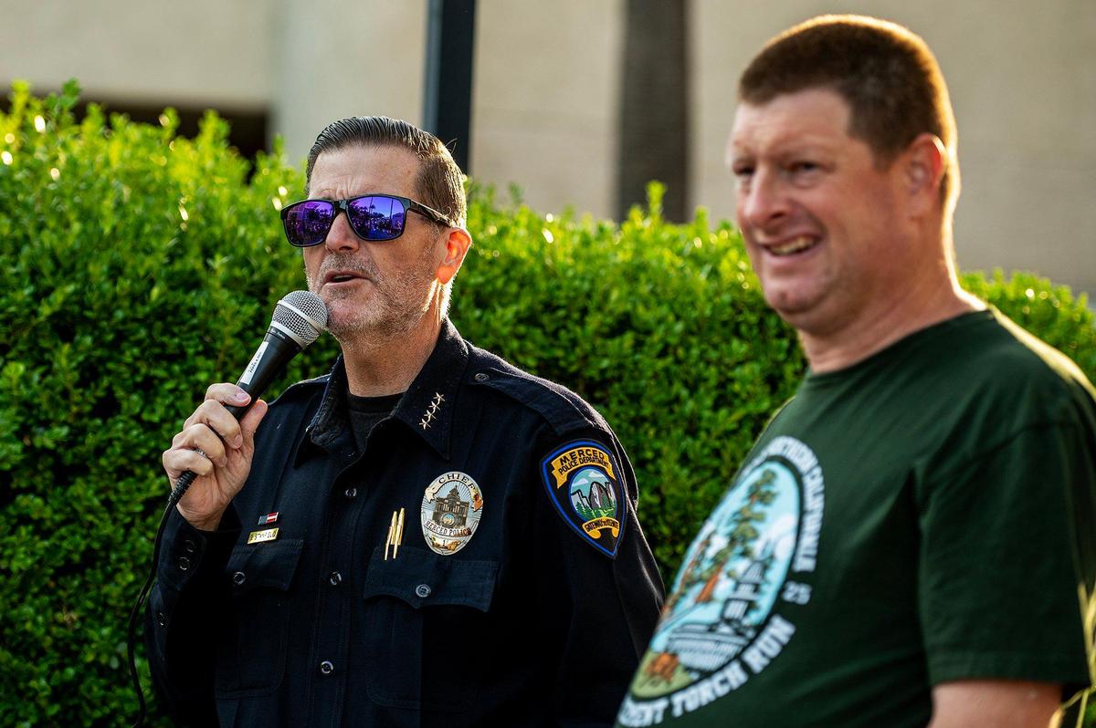 Merced Police Chief Steven Stanfield addresses participants prior to the start of the annual Law Enforcement Torch Run for Special Olympics Northern California in Merced, Calif., on Wednesday, June 25, 2025.