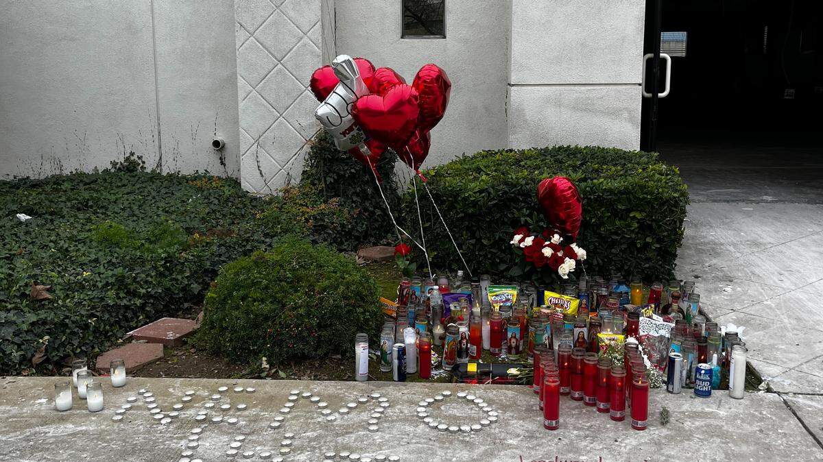 A makeshift memorial for one of the two teenage boys killed in Monday’s shooting is seen outside the Merced Urology Medical Group building on E. 13th Street on Wednesday, Jan. 21, 2026.