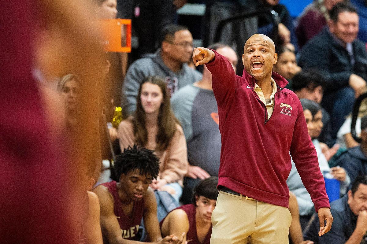 Golden Valley head coach Derrick Jacobs directs his players during a game against Atwater at Atwater High School in Atwater, Calif., on Monday, Jan. 29, 2024.