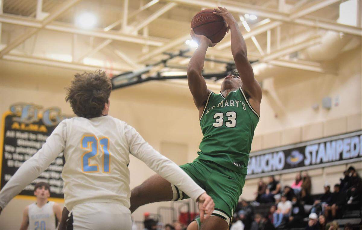 St. Mary’s senior Jadyn Marshall goes up for a shot during a game against El Capitan on Wednesday, Feb. 16, 2022 at the Stable Center at El Capitan High School.