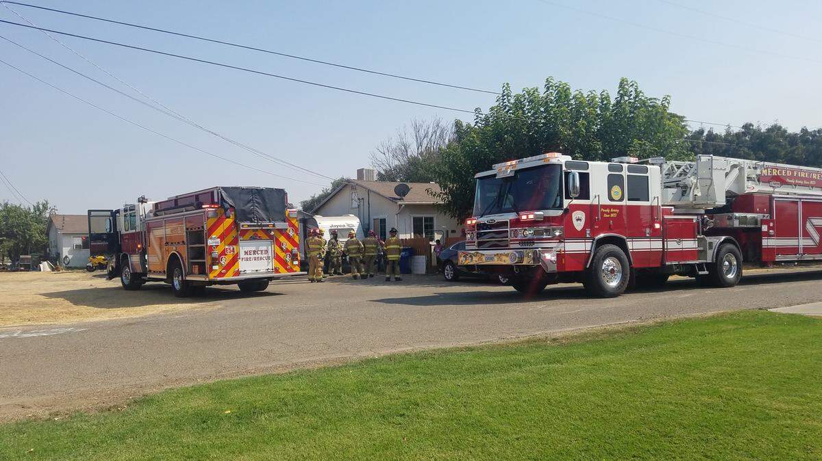 Firefighters from Merced County Cal Fire and the Merced Fire Department visited the Richardson home in Merced on Monday, Sept. 28, 2020 to visit six year old David Richardson, who is suffering from a terminally ill cancer.
