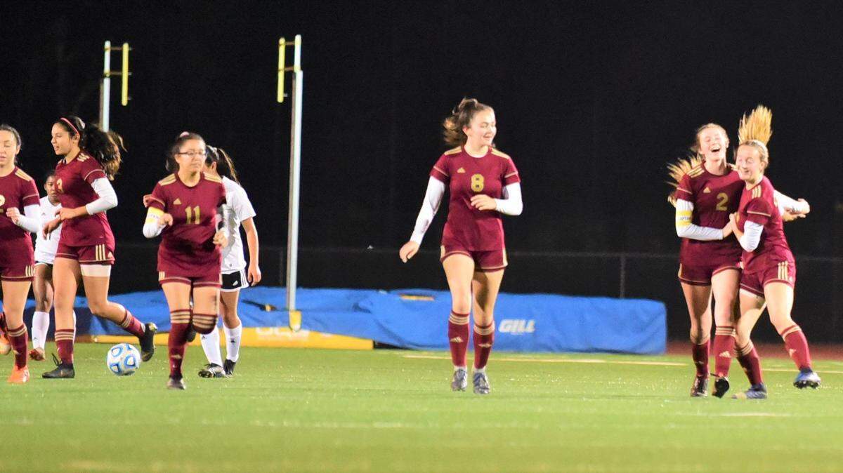 Golden Valley’s Haylee Heffner (right) celebrates after scoring a goal with teammate Ashley Sandlin during the Cougars’ 1-0 win over El Capitan on Thursday, Jan. 30, 2020.