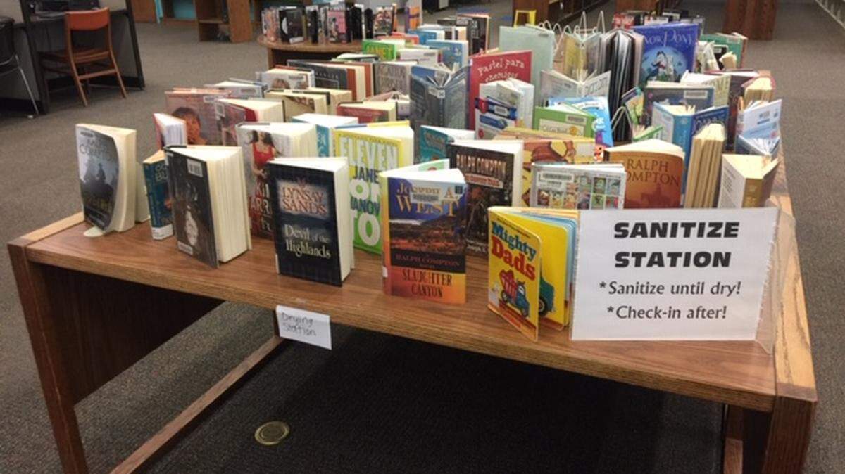 A Merced County Library “sanitation station,” where all books returned to the library are disinfected before being returned to the shelves for further check-out.