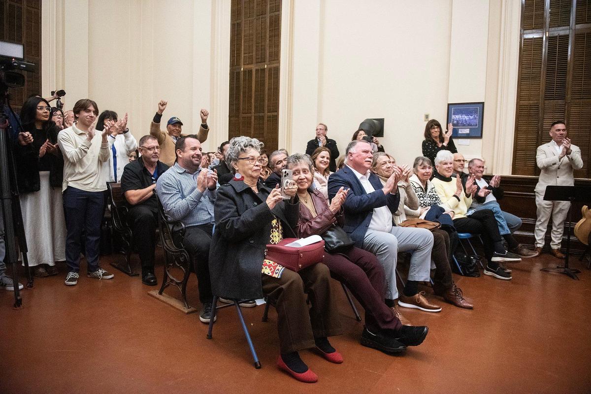 Family members, friends, elected officials and community members applaud after United States Representative Adam Gray took a ceremonial oath of office during a ceremony at the Merced County Courthouse Museum in Merced, Calif., on Thursday, Jan. 30, 2025. Gray was officially sworn in as a member of the 119th Congress on Jan. 3, 2025.