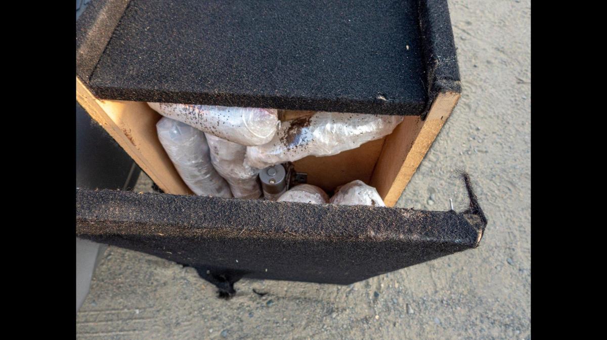 A San Bernardino County man was arrested after a California Highway Patrol officer and K-9 located about 15 pounds of suspected crystal methamphetamine hidden in a speaker box during a traffic stop in Fresno County, according to the CHP. Authorities said coffee grounds were used in an attempt to hide the odor of the suspected narcotics. Image courtesy of California Highway Patrol.