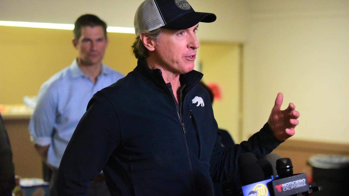 Governor Gavin Newsom speaks to reporters about storms and flooding to hit Merced County during a press conference Jan. 14 at the Merced County Fairgrounds.