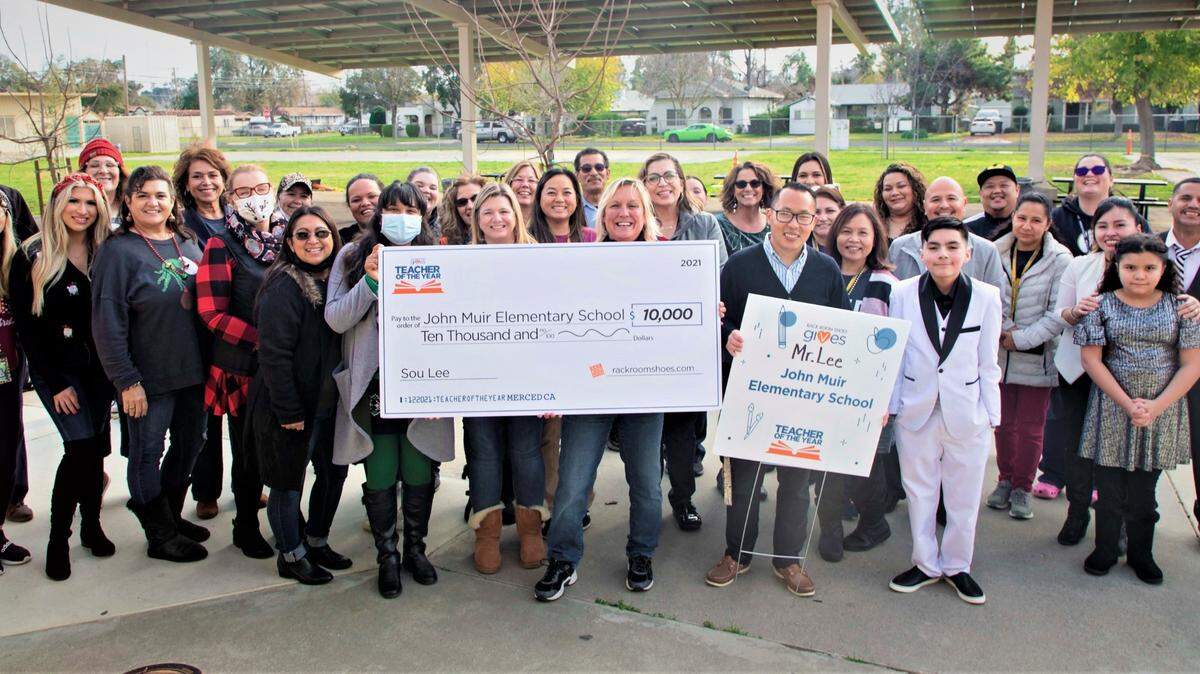 Teachers and staff at John Muir Elementary School in Merced, Calif. celebrated sixth-grade teacher Sou Lee winning a national “Teacher of the Year” contest, which came with a $10,000 technology grant for the school.
