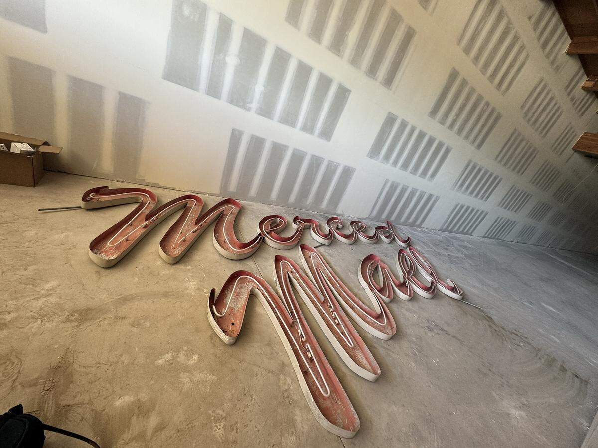 The former Merced Mall neon sign after it was removed from an entrance to the mall in Merced, Calif. in July 2025. Image courtesy of William S. George. 