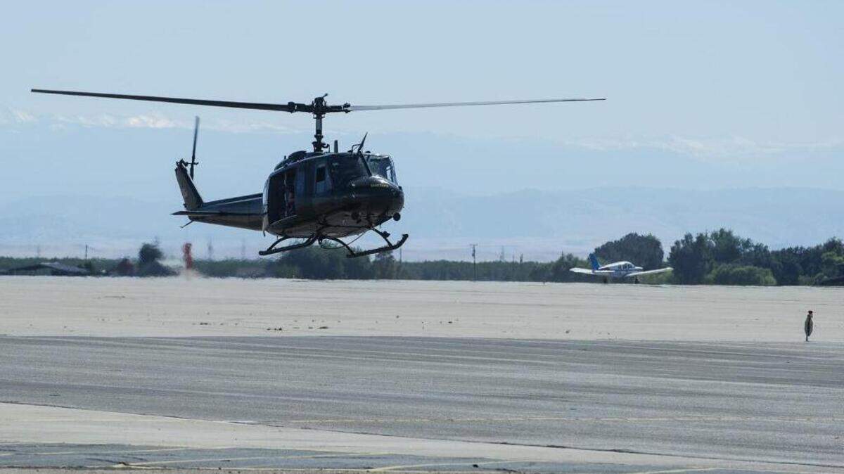 The Merced County Sheriff Department Aviation Unit returns from a flight to Castle Airport in Atwater Calif., on Thursday, May 18, 2017.