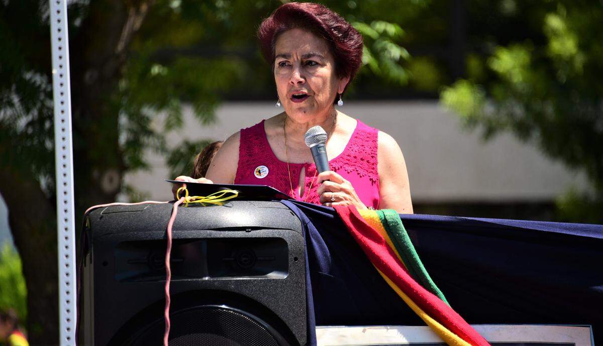 State Sen. Anna Caballero addresses the crowd prior to the Juneteenth parade in Merced, Calif., on Saturday, June 17, 2023.
