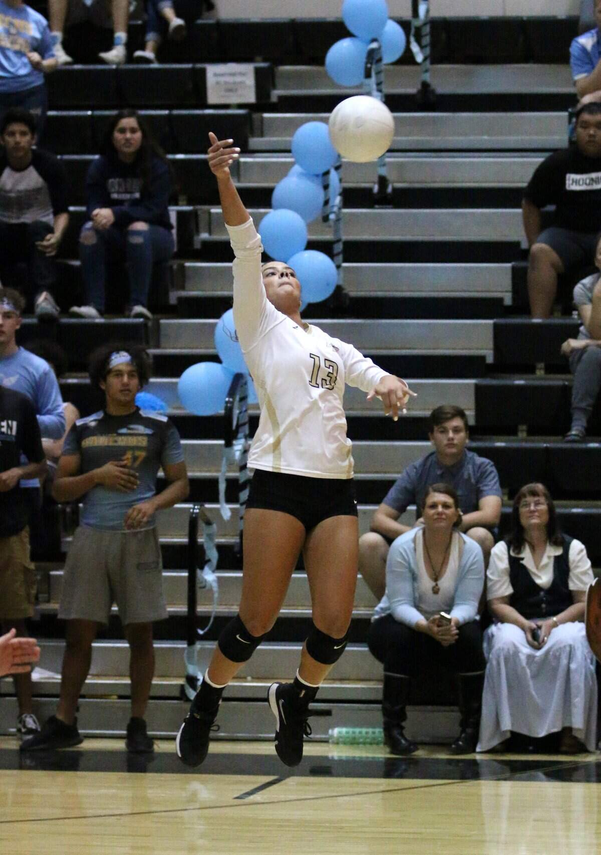 Buhach Colony senior Cameron Gray goes up to hit the ball on Monday night against El Capitan. Gray finished with a team-high 14 kills in the Thunder’s 3-1 win over El Capitan.