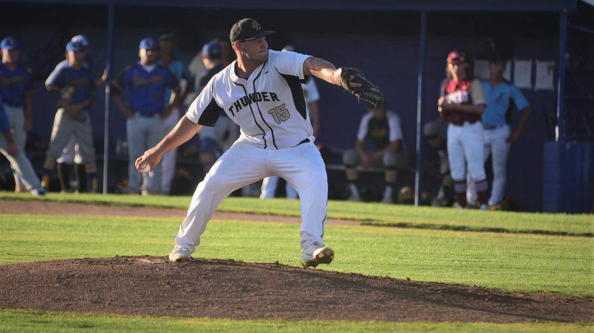 Buhach Colony senior Kadon Floro delivers a pitch during the first inning of the Merced County All-Star Baseball Game on Saturday, June 6, 2021 at Memorial Ballpark in Atwater, Calif.
