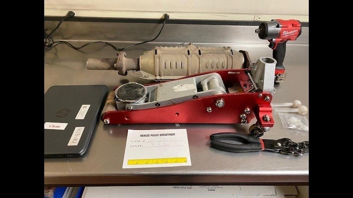 A driver of a vehicle was arrested on suspicion of grand theft during a traffic stop in Merced on Monday, after an officer reportedly found a catalytic converter on the rear seat of the vehicle as well as tools consistent with catalytic converter theft, according to the Merced Police Department. Police said a passenger in the vehicle was also arrested for drug possession and giving false information to a peace officer. Image courtesy of Merced Police Department.