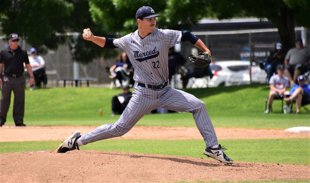 Merced College pitcher Dylan Webber delivers a pitch during his 11-inning performance in a 5-3 win over Canada College in 12 innings during a playoff game on Saturday, May 6, 2023.