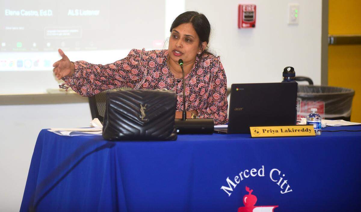 Merced City School District board member Priya Lakireddy speaks during a board meeting on Tuesday, Sept. 26, 2023 at Ada Givens Elementary School in Merced, Calif.