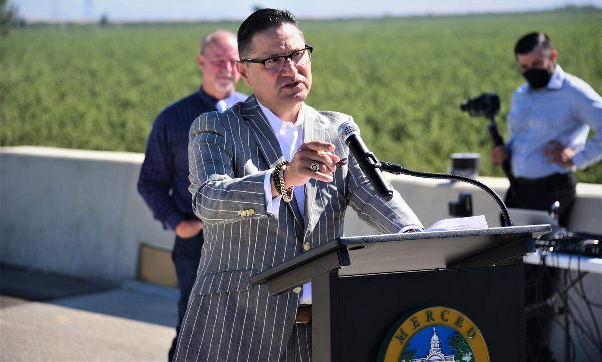 UC Merced Chancellor Juan Sánchez Muñoz speaks during a ceremony celebrating the completion of Segment III of the Campus Parkway Project on Friday, July 8, 2022.