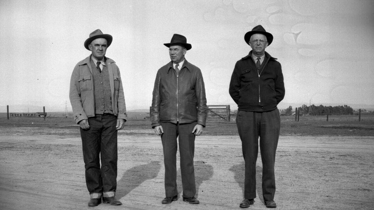 Elmer Murchie (center), the General Manager of the Crocker-Huffman Land and Water Company, and his management team, 1953.