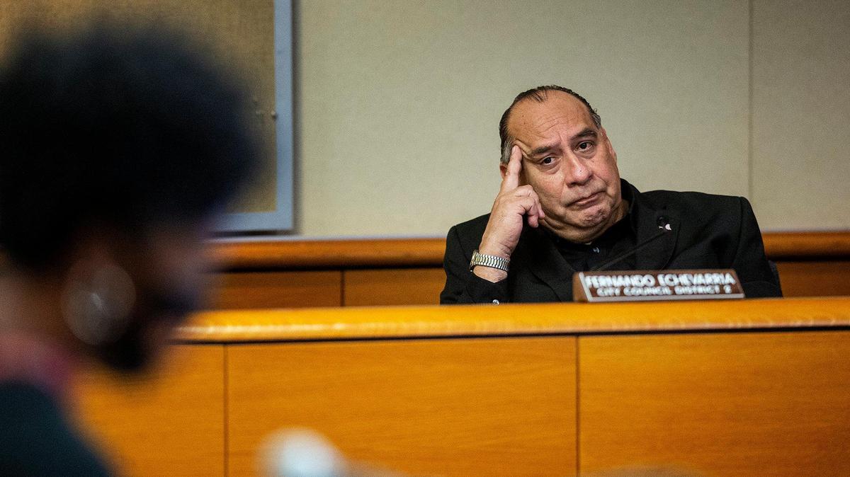 District 2 Councilmember Fernando Echevarria listens during public comment at the Merced City Council meeting in Merced, Calif., on Monday, July 20, 2020.