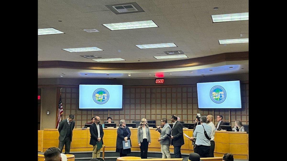 The Merced City Council and other community leaders honored outgoing City Manager Stephanie Dietz in a ceremony at Merced City Hall on Monday. Photo credit Brianna Vaccari/CVJC.