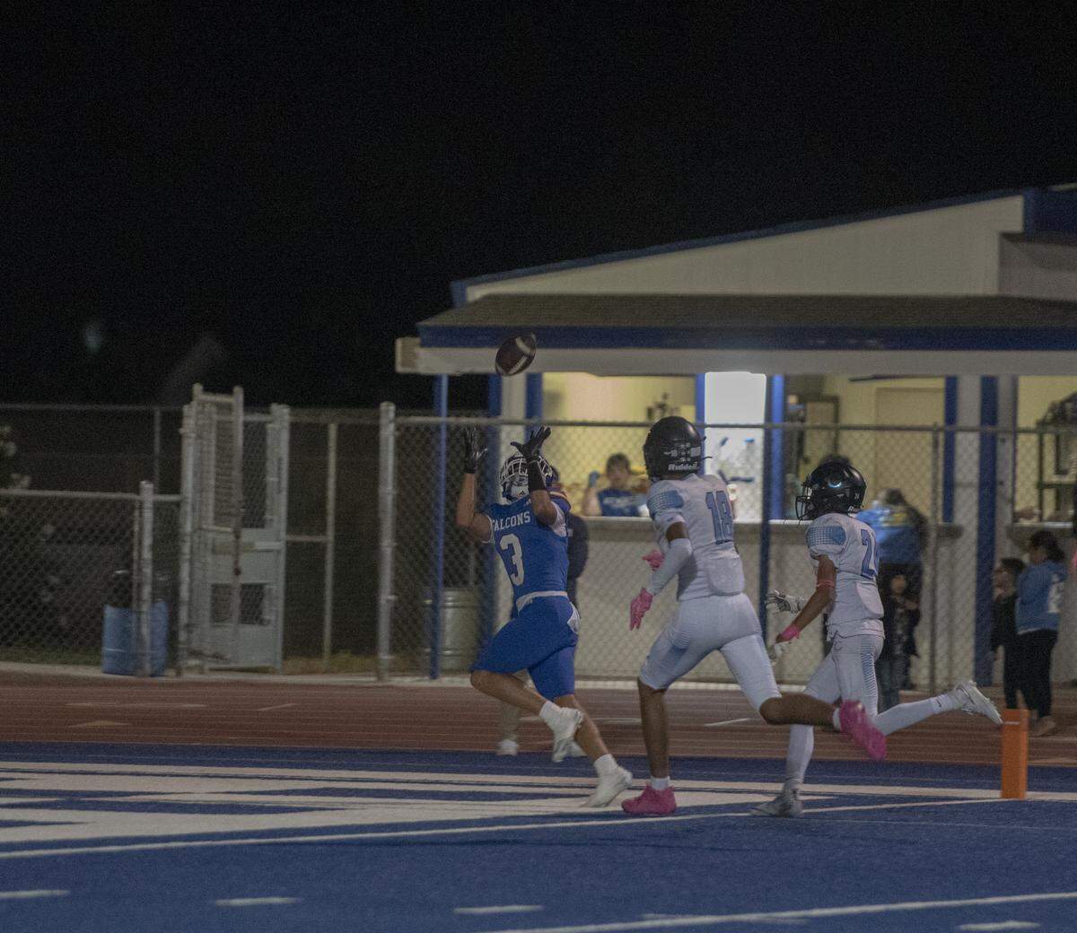 Atwater’s Charlie Whitby hauls in a touchdown pass from quarterback Ali Banks Jr. during the first half of Friday’s 49-41 win over El Capitan at Falcon Field.