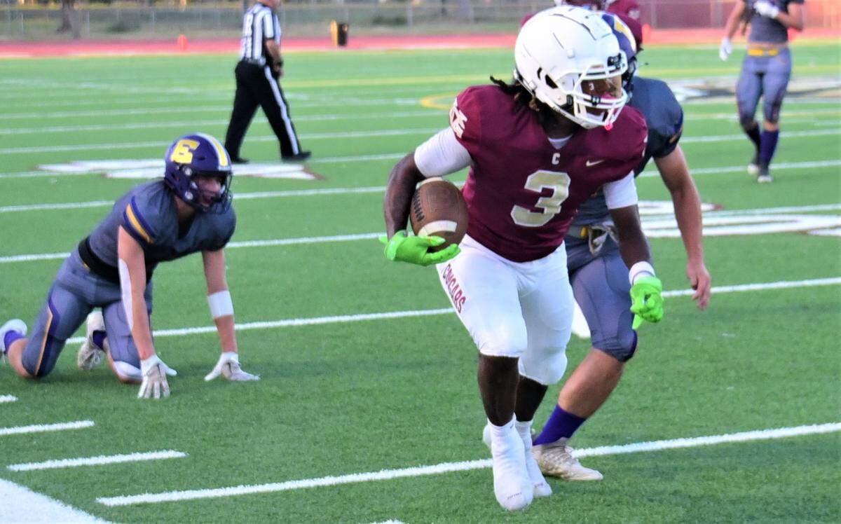 Golden Valley High School senior Jonah White (3) advances the ball up the sideline during a game against Escalon on Friday, Aug. 18, 2023 at Veterans Stadium in Merced, Calif.