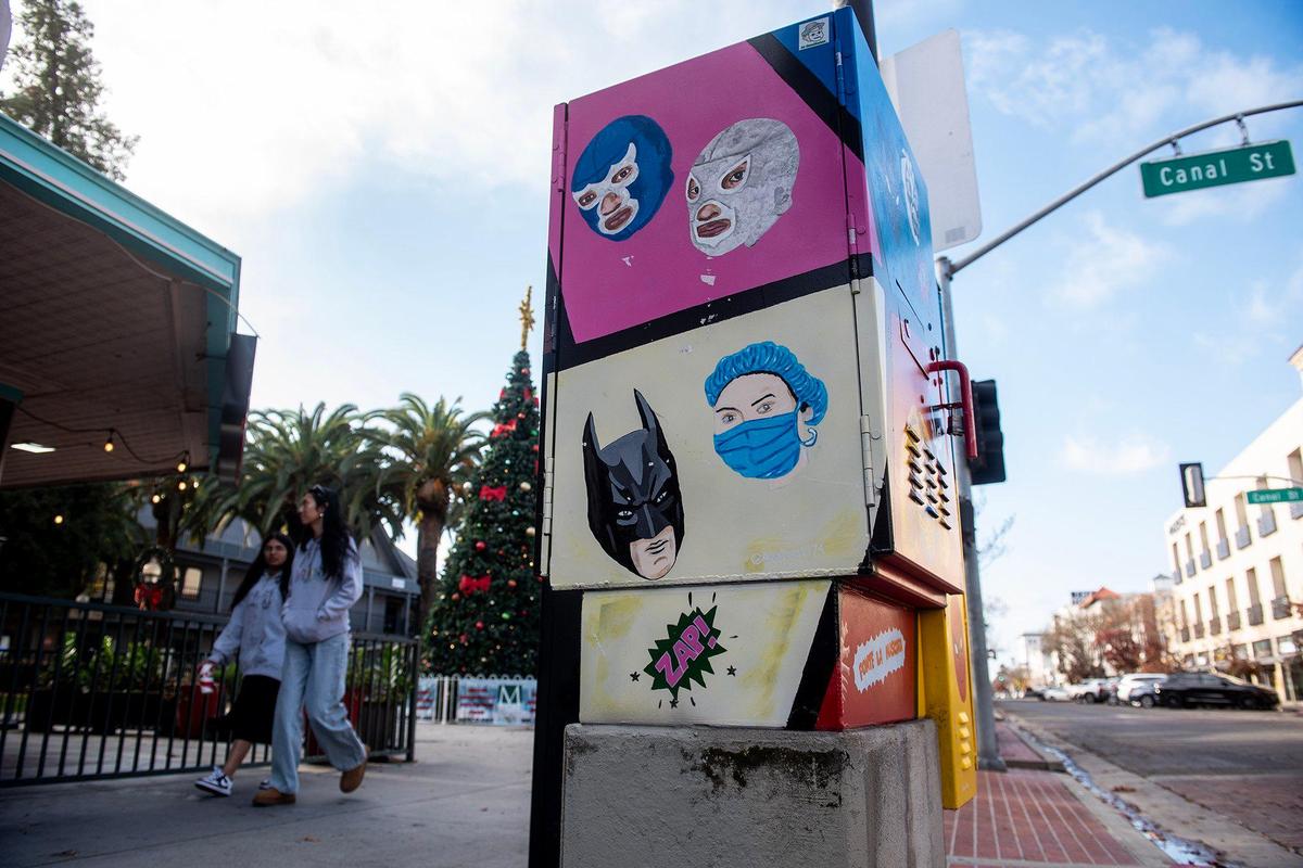 A painted electrical box near the intersection of West Main Street and Canal Street in Merced, Calif, on Thursday, Dec. 12, 2024.