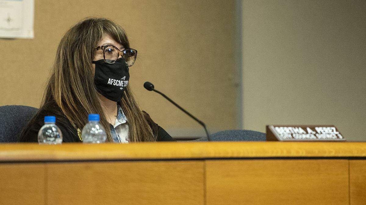 District 3 Merced City Councilmember Bertha A. Perez is shown listening to public comment during the Merced City Council meeting in Merced, Calif., on Monday, Dec. 7, 2020.