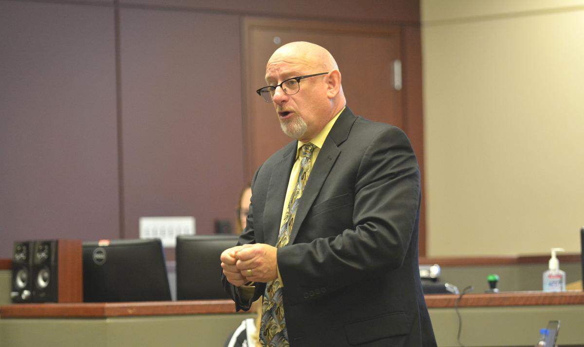 Conflict Public Defender Jonathan Richter gives his closing statement to the jury in the murder trial against his client, Michael Mirabal, on Friday, Aug. 23, 2019, in Merced Superior Court.