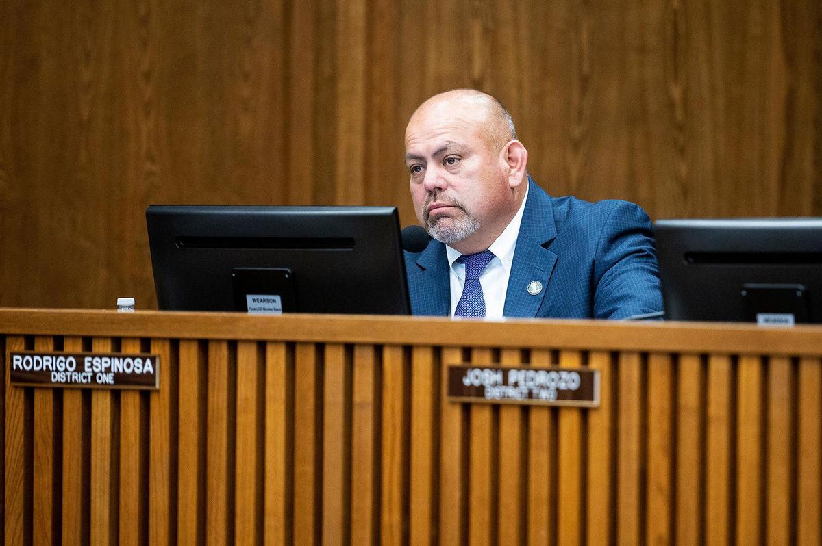 Merced County District 1 Supervisor Rodrigo Espinosa during the Merced County Board of Supervisors meeting in Merced, Calif., on Tuesday, Feb. 28, 2023. Planada residents and community advocates who attended the meeting said the county isn’t doing enough to help the community of Planada following devastating flooding which damaged homes and forced thousands to evacuate.