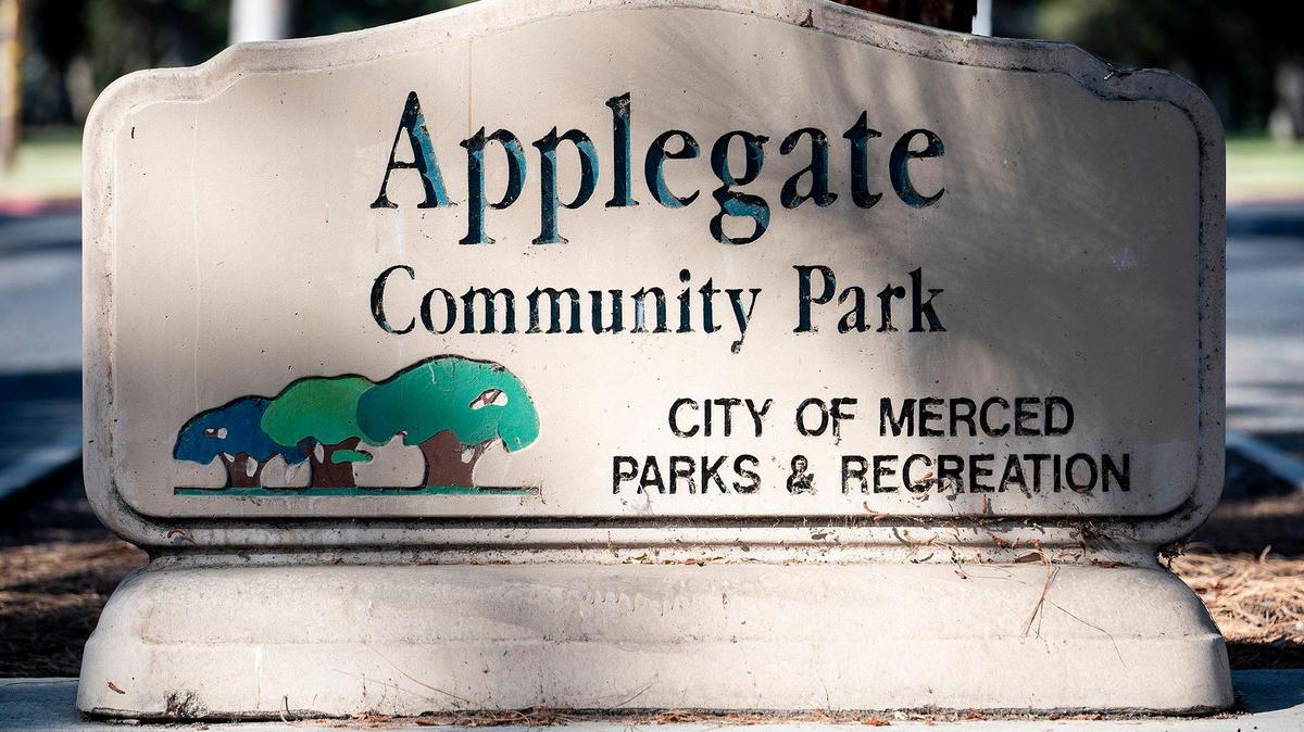 A sign at the entrance to Applegate Park, located at West 25th and R streets in Merced, Calif., on Thursday, Sept. 2, 2021.