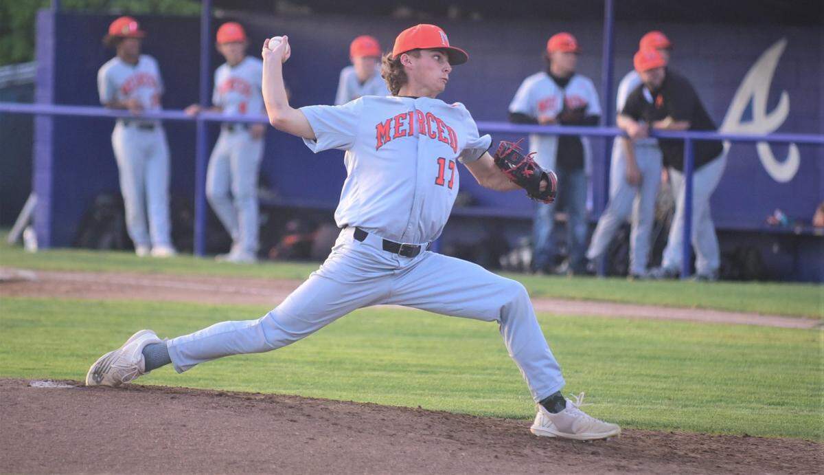 Merced High sophomore pitcher Jason Zapata delivers a pitch in a game against Atwater on Friday, April 29, 2022 at Memorial Ballpark in Atwater, Calif.