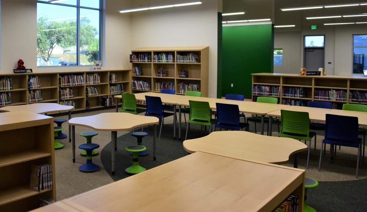The library at Atwater’s new Juniper Elementary School is stocked and ready for when students arrive on the first day of class Aug. 16, 2023.