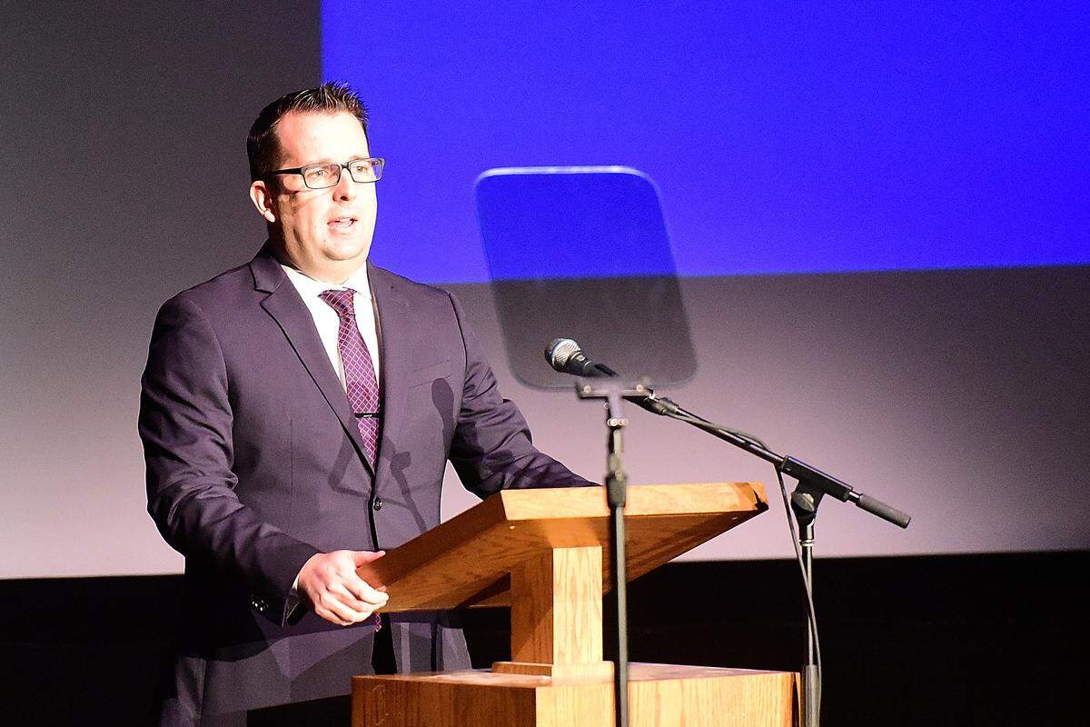 Merced Mayor Mike Murphy speaks at the State of the City address at Merced Theatre on Friday, Feb. 8, 2019.