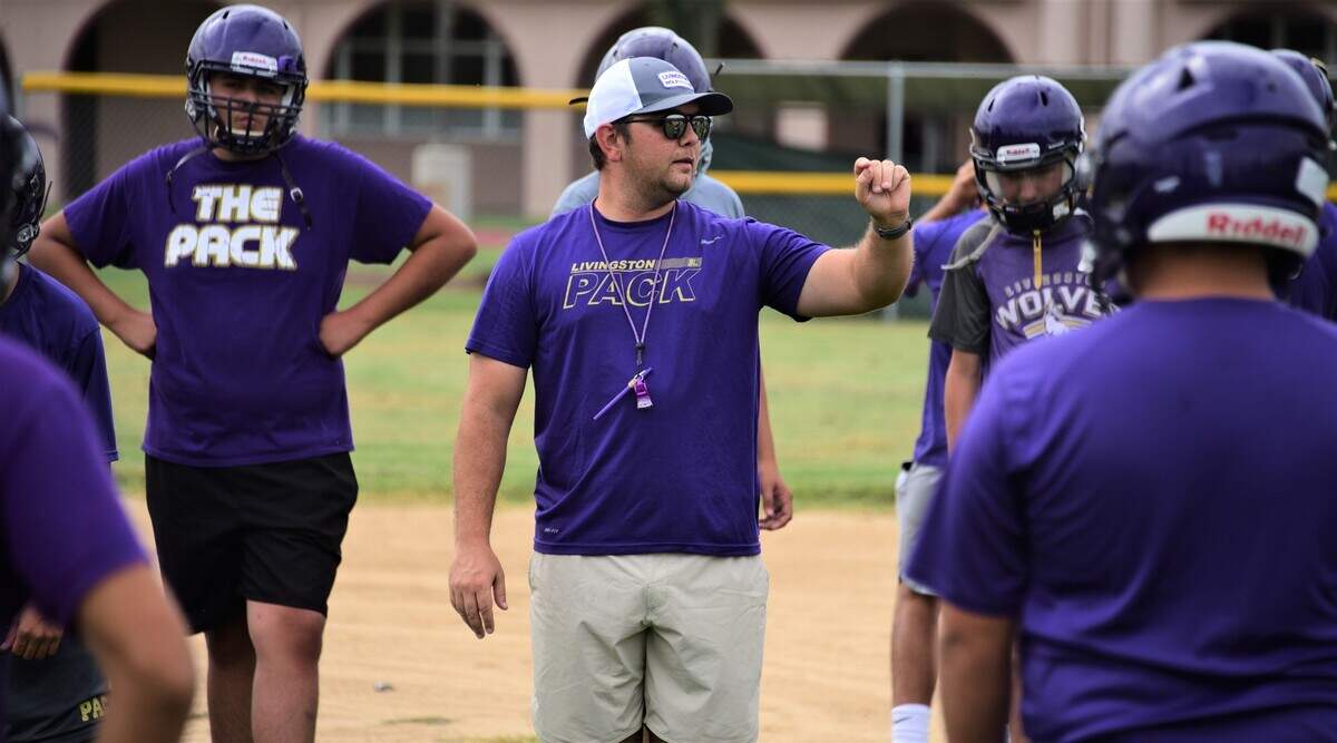 Livingston High defensive coordinator Steven Wine, shown here during practice on Wednesday, Oct. 6, 2021, has been coaching in the Wolves program for eight years.