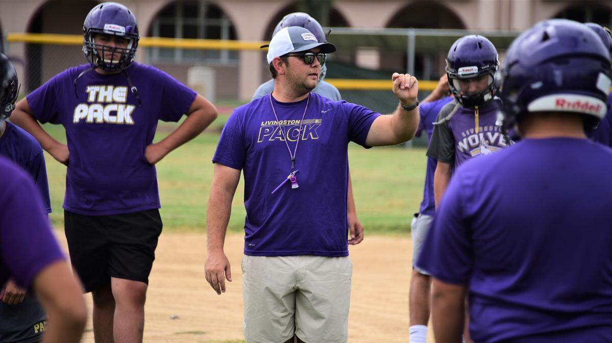 Livingston High defensive coordinator Steven Wine, shown here during practice on Wednesday, Oct. 6, 2021, has been coaching in the Wolves program for eight years.