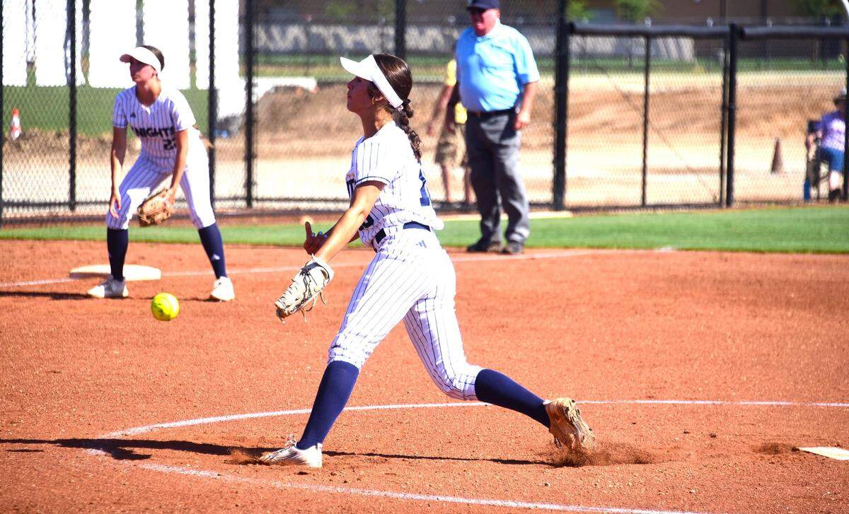 Stone Ridge Christian High senior ace Cali Cole delivers a pitch during the Knights’ 2-0 win over Argonaut in the Sac-Joaquin Section Division VI semifinals on Thursday, May 16, 2024.