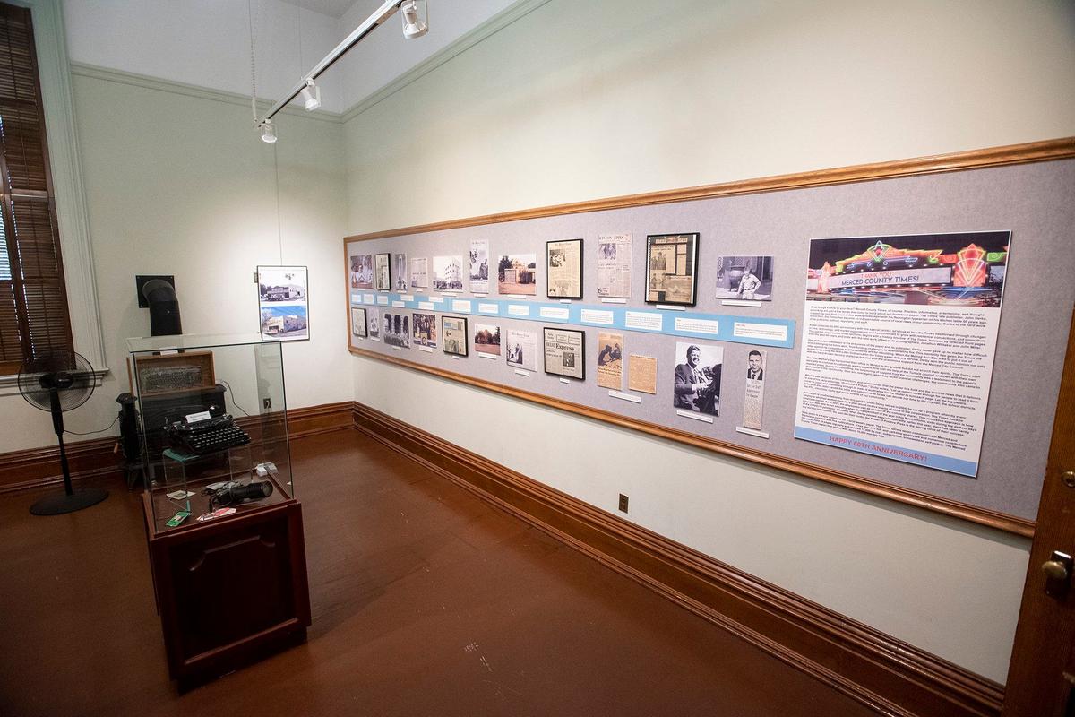 An exhibit celebrating 60 years of the Merced County Times newspaper at the Merced County Courthouse Museum in Merced, Calif., on Thursday, Aug. 22, 2024. Built in 1875, the building served as a courthouse until 1950 and as a county administration building until 1970. The building opened as a history museum in 1983.