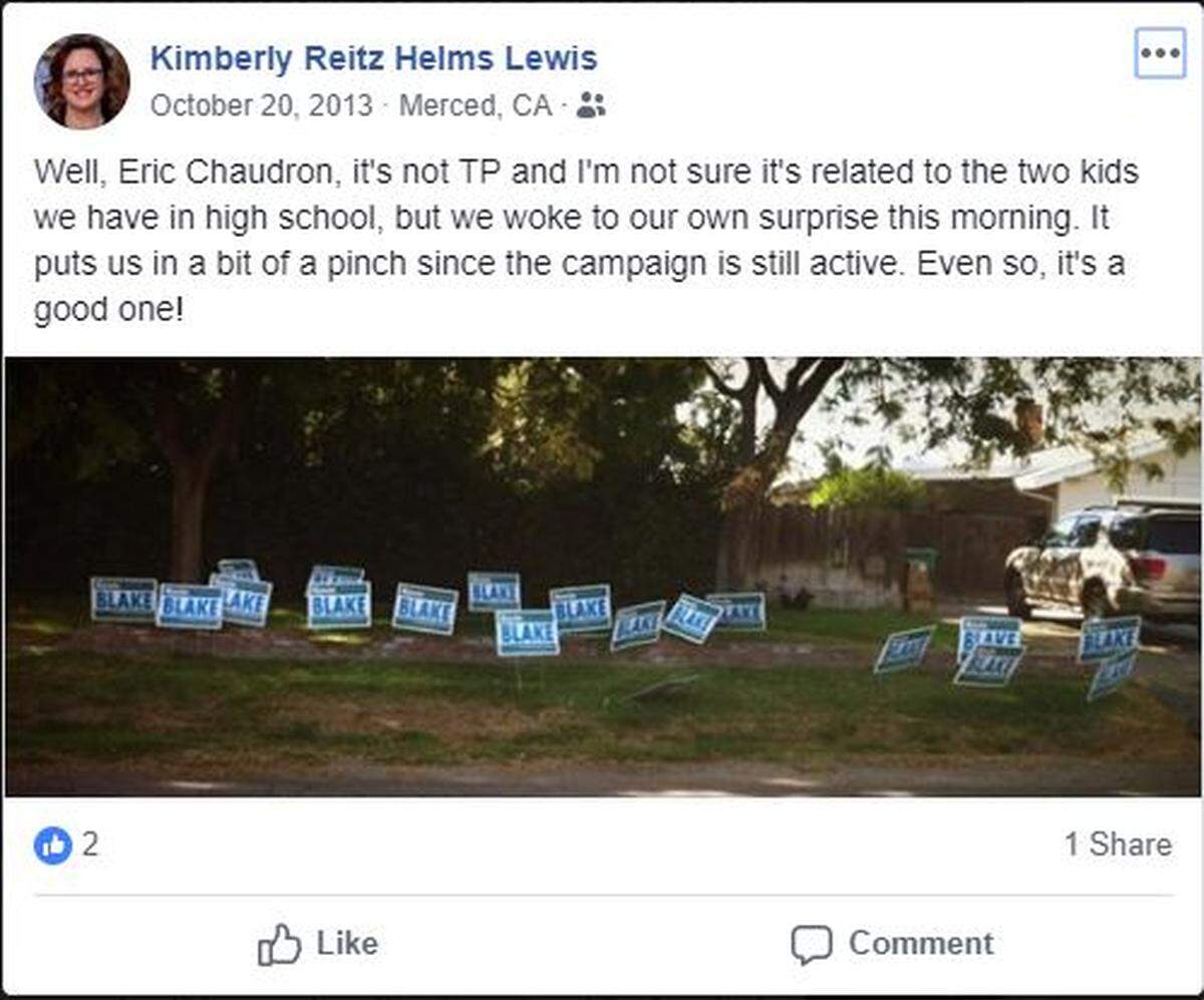 A screengrab from Facebook of the Oct. 20, 2013, incident that led to Merced County District Attorney Kimberly Lewis declaring a conflict in a case that includes Merced City Councilmember and Merced County Sheriff’s Sgt. Kevin Blake. The photo depicts several of Blake’s campaign signs in a yard.