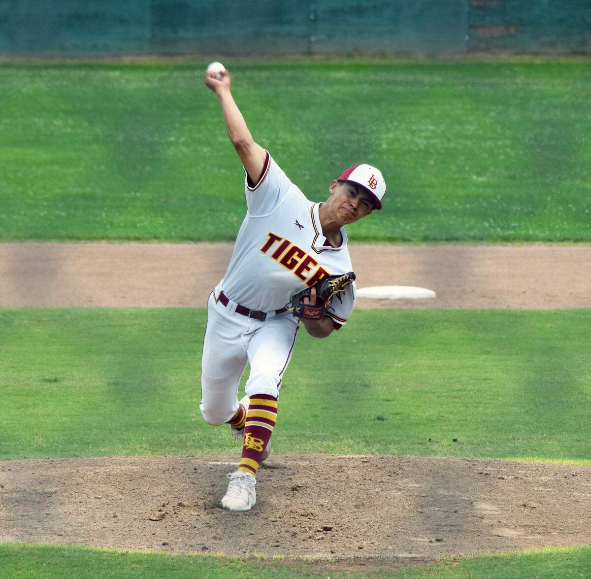 Los Banos High pitcher Max Ramirez throws during his team’s Sac-Joaquin Section Division IV title-clinching victory over Central Catholic on Monday, May 27, 2019, at Tony Zupo Field in Lodi, California.