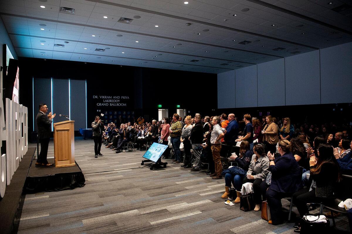 University of California, Merced founding faculty and staff are recognized by Chancellor Juan Sanchez Munoz during a 20-year anniversary celebration of the groundbreaking of the University of California, Merced, in Merced, Calif., on Wednesday, Jan. 25, 2023.