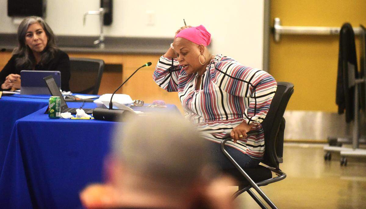 Merced City School District board member Beatrice McCutchen speaks during a board meeting on Tuesday, Sept. 26, 2023 at Ada Givens Elementary School in Merced, Calif.