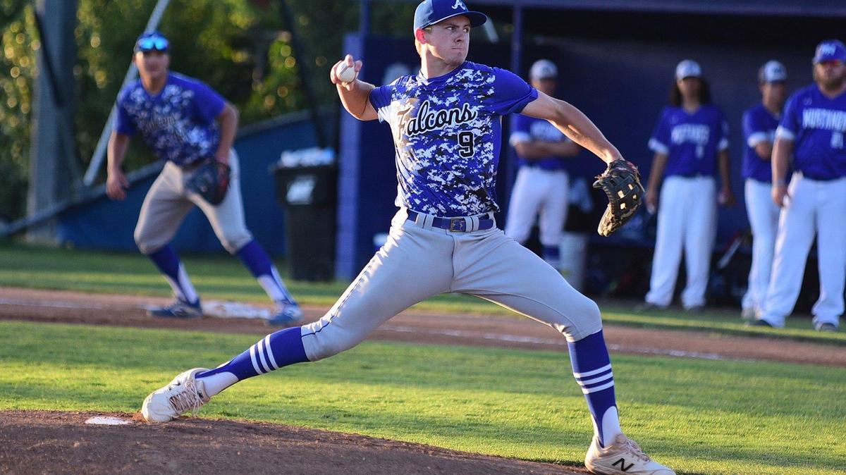 Atwater junior pitcher Jacob Weiss (9) delivers a pitch to home plate during the championship game against Mountain House in the annual Fran Oneto/Atwater-Winton Lions Easter Baseball Tournament at Memorial Ballpark in Atwater, Calif., on Thursday, April 25, 2019. The Falcons beat the Mustangs 8-1
