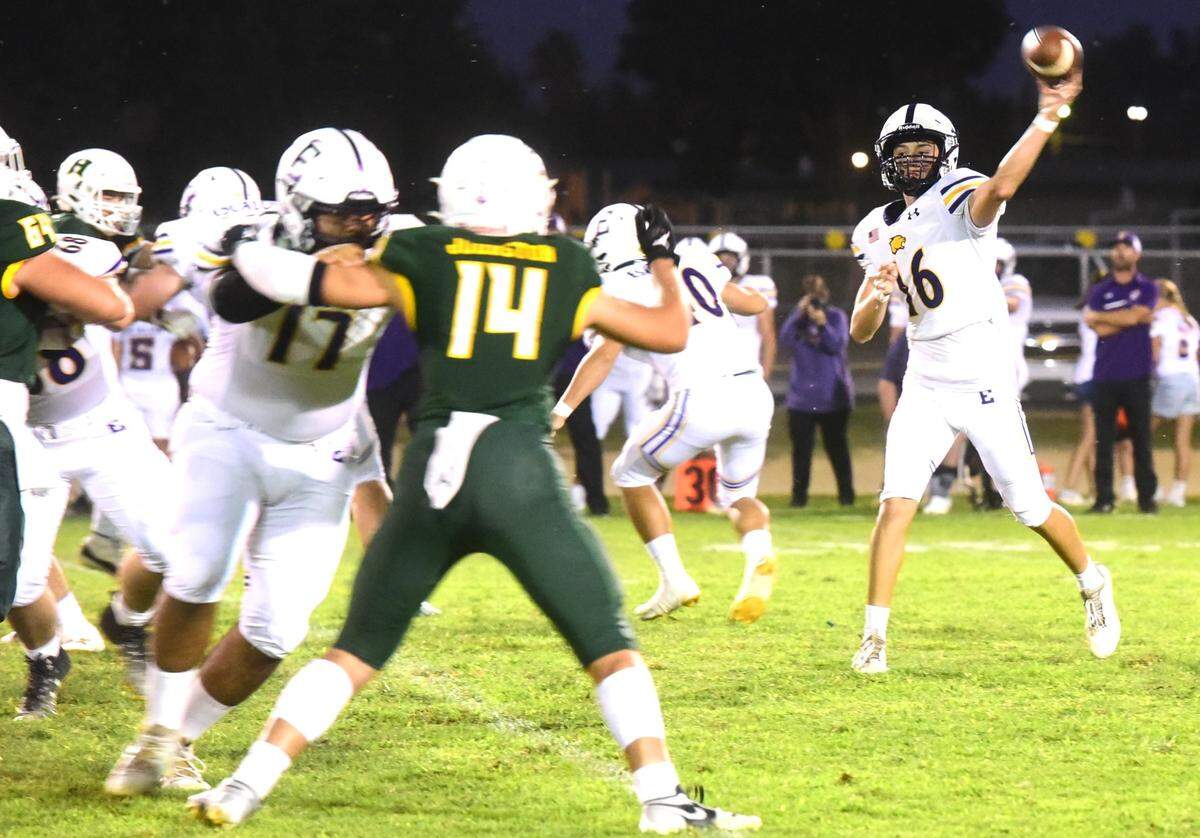 Escalon High quarterback Donovan Martinez throws a pass during a game against Hilmar on Sept. 27, 2024.