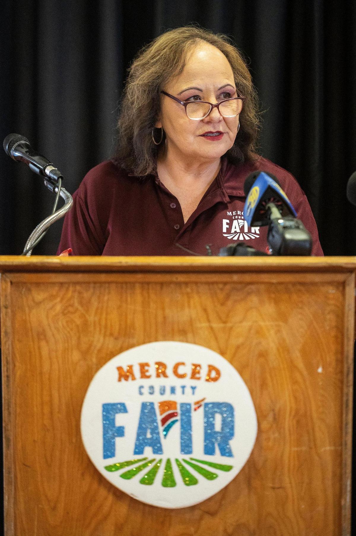Merced County Fair President Vicky Banaga speaks during a news conference announcing $5 million in state funding awarded to the Merced County Fair at the Merced County Fairgrounds in Merced, Calif., on Wednesday, Aug. 9, 2023. According to Banaga, the funding will be used to upgrade facility kitchens, facility HVAC and a new roof for one of the buildings.