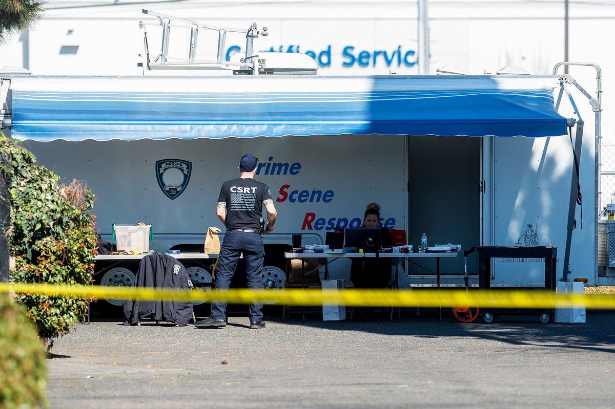 The Merced Police Department investigates an alleged stabbing at Motel 6 in the 1400 block of V Street in Merced, Calif., on Wednesday, Feb. 12, 2020. According to Merced Police, one suspect has been arrested.