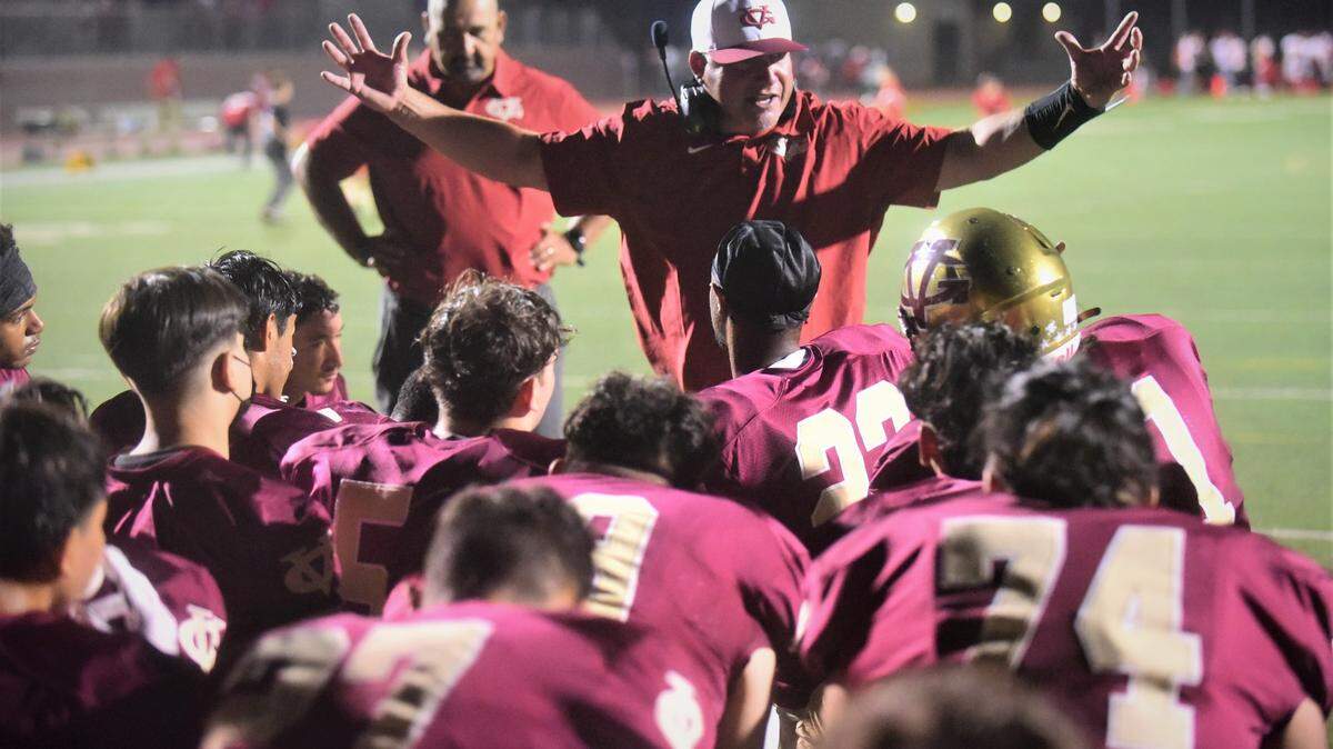 Golden Valley football coach Rick Martinez thanks his players after a 40-14 win over Chowchilla on Friday, Sept. 3, 2021 for picking him up this week after his son and three grandsons were involved in a scary car crash earlier in the week.